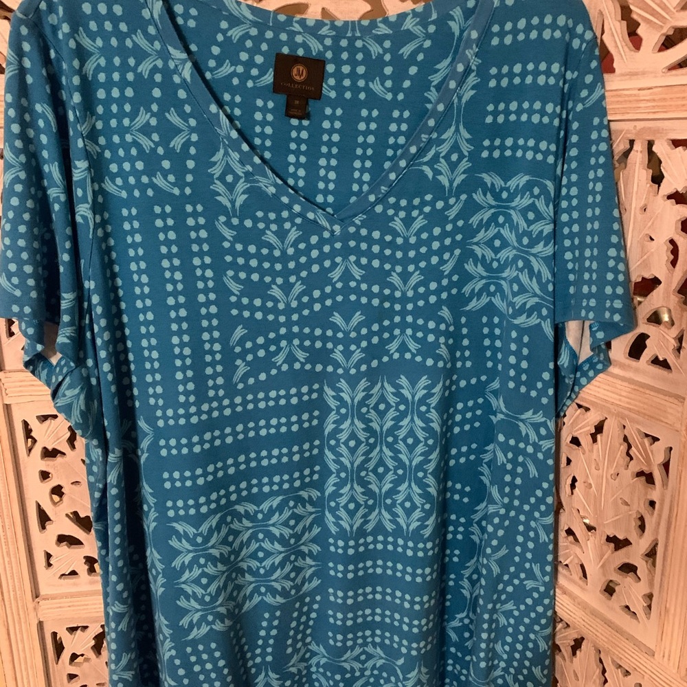 JM Collection Teal Patterned Short Sleeve Top, Size: 3X, very cute top